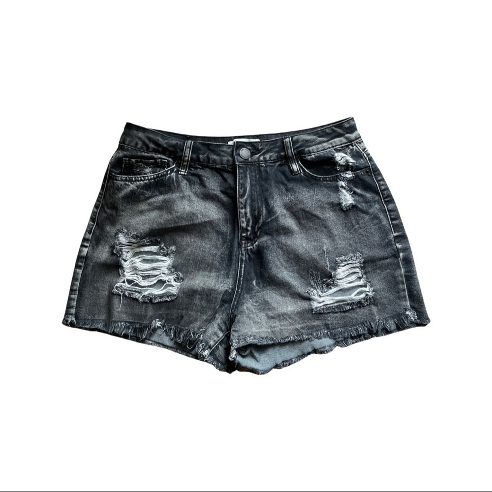 High rise acid wash black denim shorts - 11